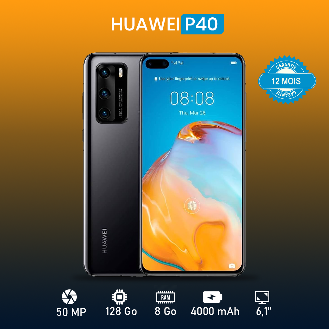 HUAWEI P40  6.51" - 128Go - 8 Go RAM - 50MP+16MP+8MP/32MP - 3800 MAh - Garantie 12 Mois