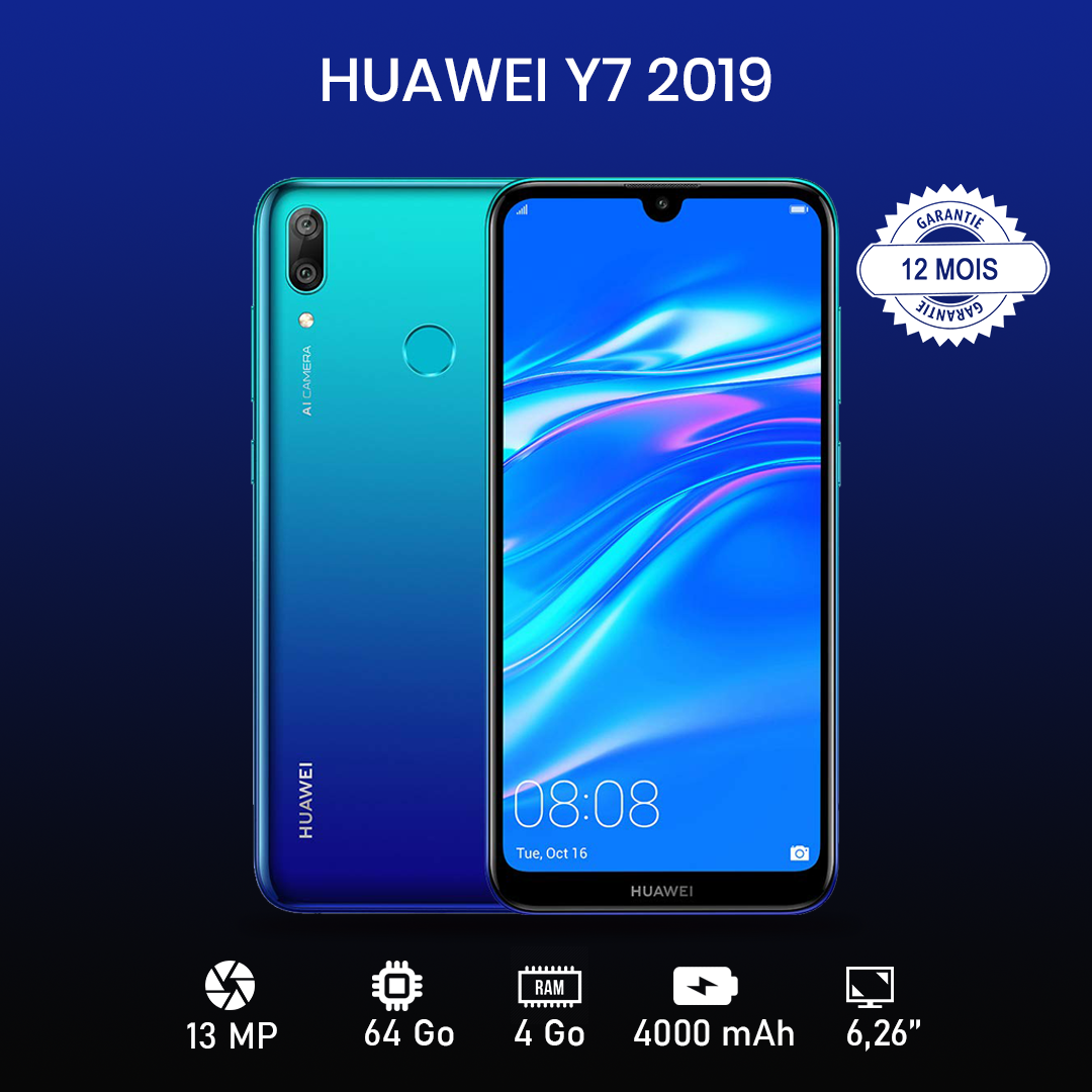 Huawei Y7 2019  6.26" - 64Go - 4 Go RAM - 13MP+2MP/8MP - 4000 MAh - Garantie 12 Mois