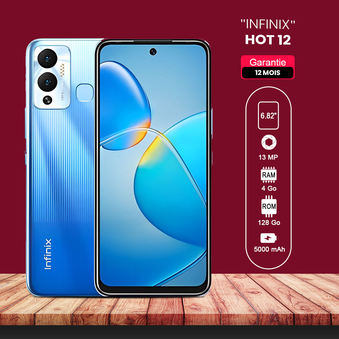 INFINIX HOT 12  6.82" - 128Go - 4 Go RAM - 13MP+2MP/8MP - 5000 MAh - Garantie 12 Mois