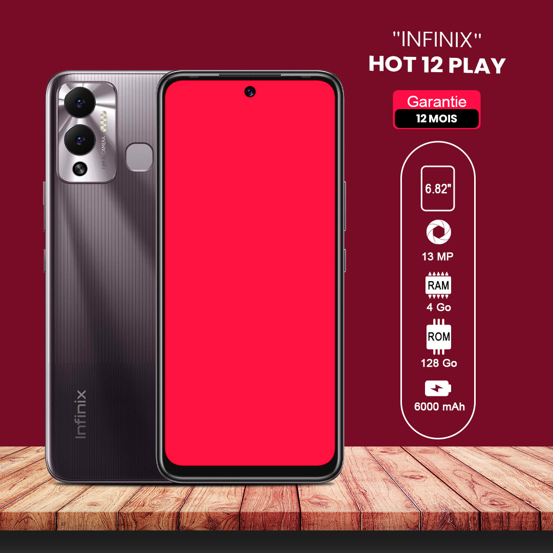 INFINIX HOT 12 PLAY  6.82" - 128Go - 4 Go RAM - 13MP+2MP/8MP - 6000 MAh - Garantie 12 Mois