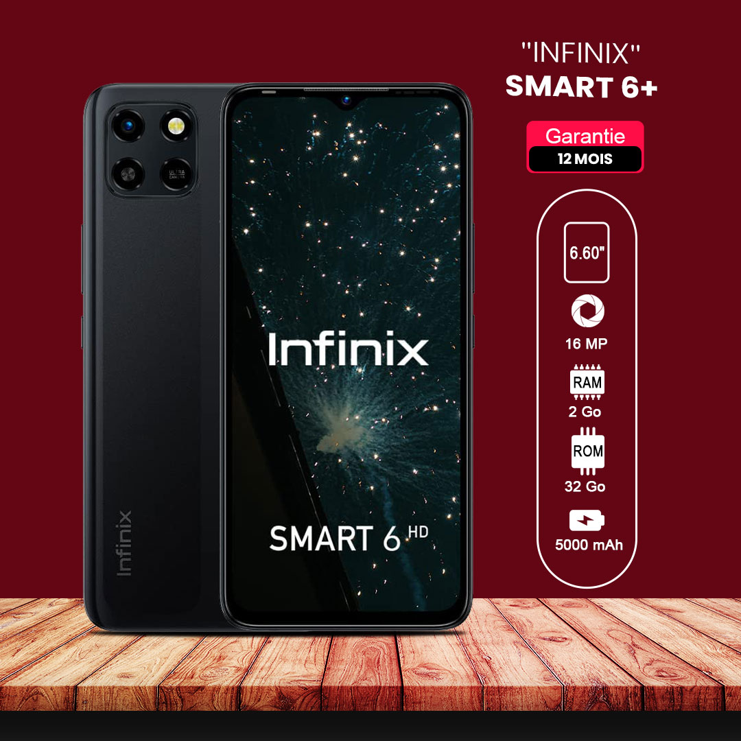 INFINIX SMART 6 PLUS  6,60" - 32Go - 2 Go RAM - 16MP/ 8MP - 5000 MAh - Garantie 12 Mois