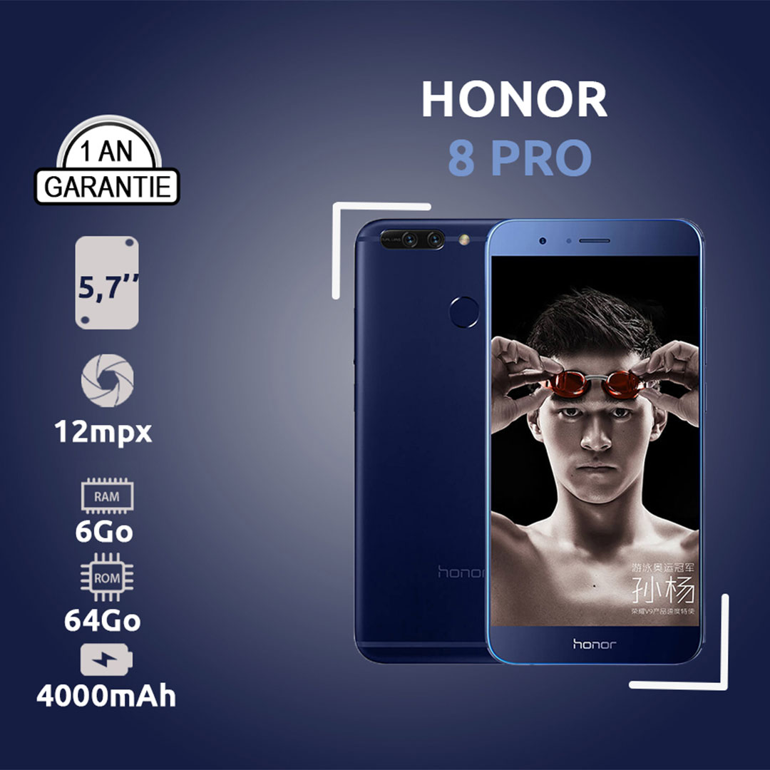 Honor 8pro  5,7" - 64 Go - 6  Go RAM - 12MP+12MP/8MP - 3900 MAh - Garantie 12 Mois