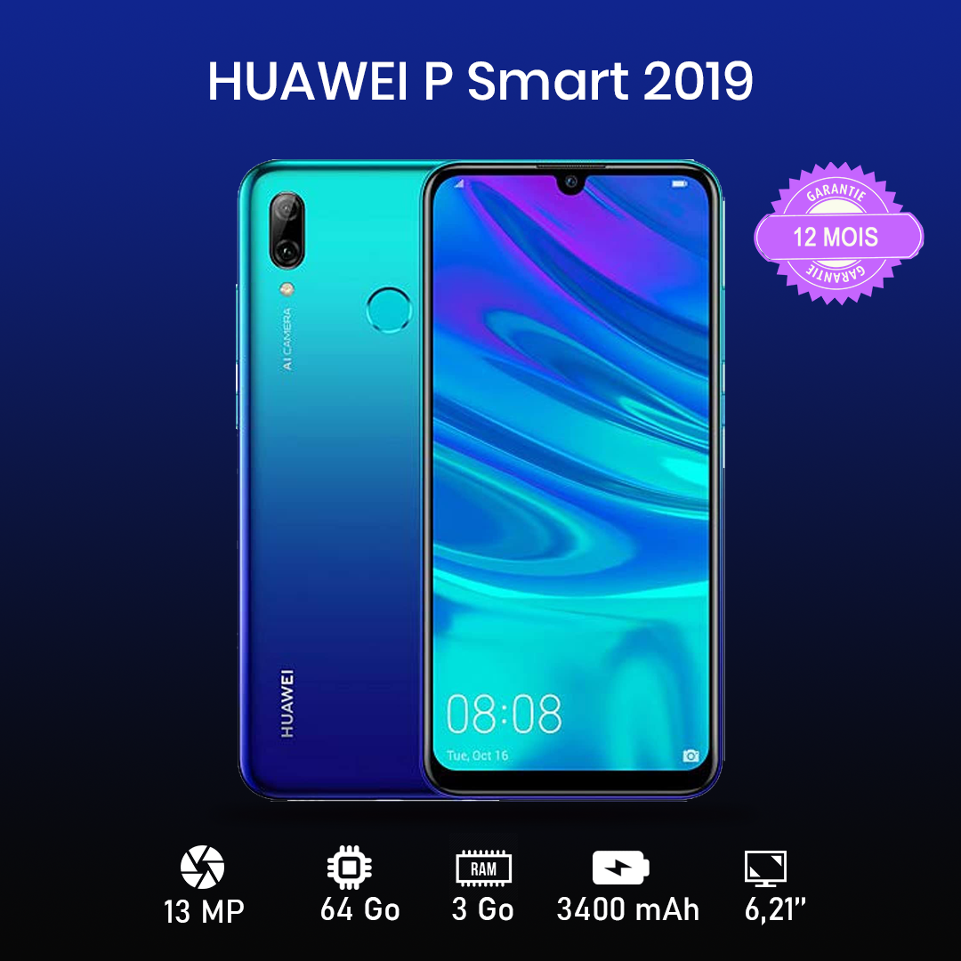 HUAWEI P SMART 2019  6.21 - 64 Go -3 Go RAM - 13MP+2MP/8MP - 3400 MAh - Garantie 12 Mois