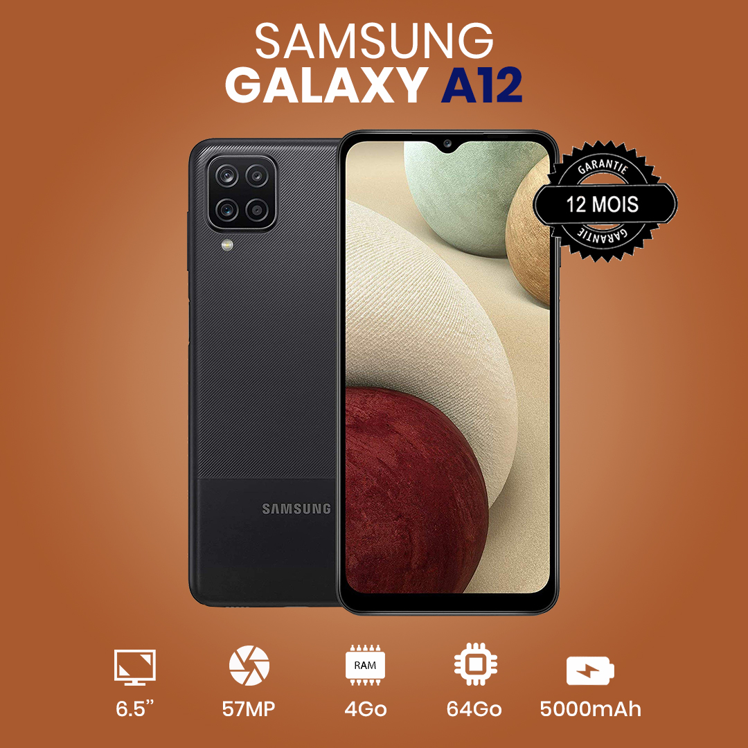 Samsung Galaxy A12 - 6.5 pouces - 64Go/4Go - 48MP+5MP+2mp+2mp/8MP - 5000mah